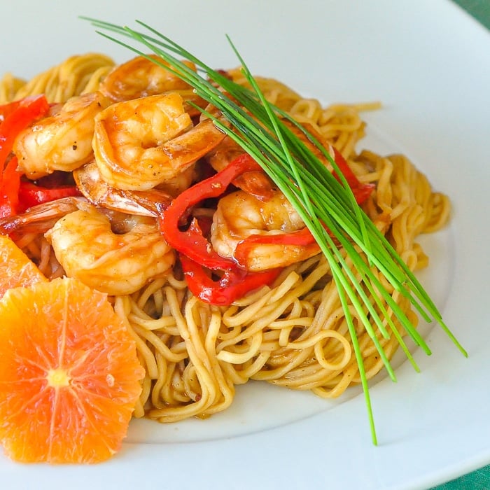 15 Minute Orange Hoisin Shrimp & Noodles close up square featured photo