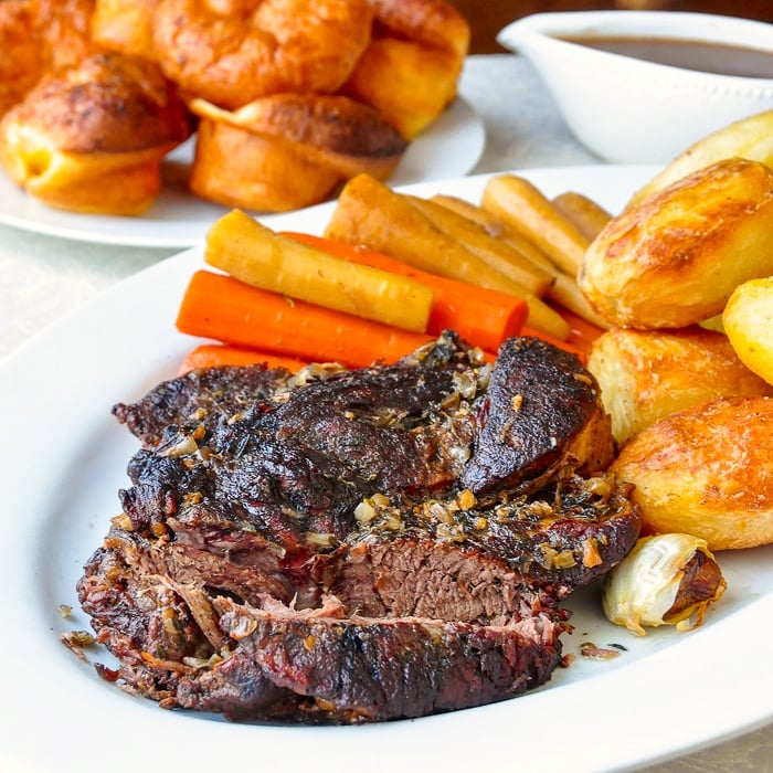 Burgundy Thyme Pot Roast with Yorkshire Pudding and Roasted Potatoes.