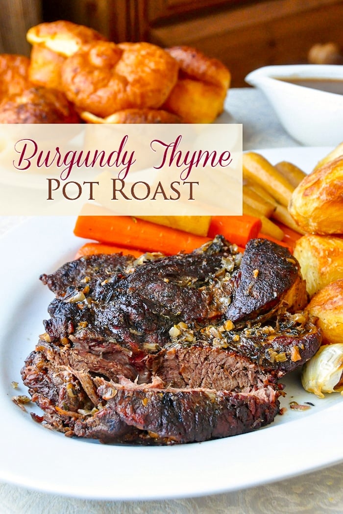 Burgundy Thyme Pot Roast with Yorkshire Pudding and Roasted Potatoes. photo with title text for Pinterest