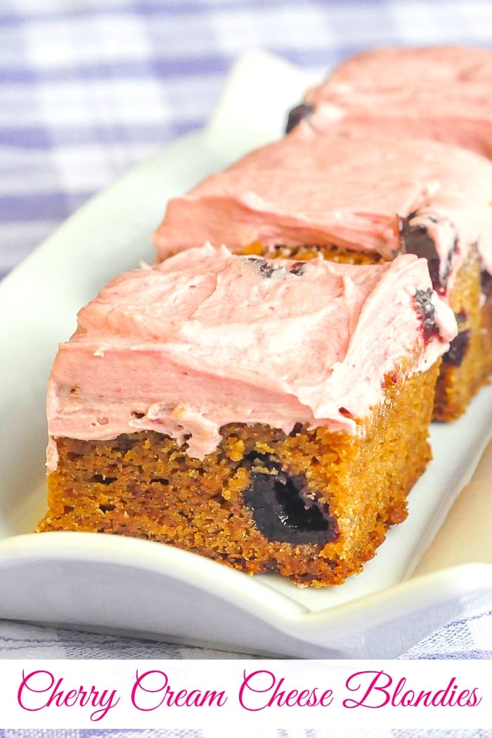 Cherry Cream Cheese Blondies photo with title text for Pinterest