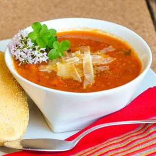 Chunky Tomato Oregano Soup close up photo of a single serving in a white bowl