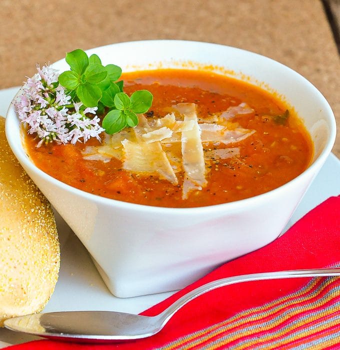 Chunky Tomato Oregano Soup close up photo of a single serving in a white bowl