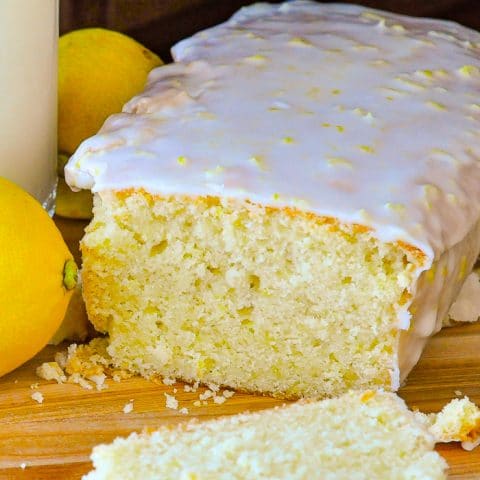 Glazed Lemon Pound Cake close up photo of cut cake