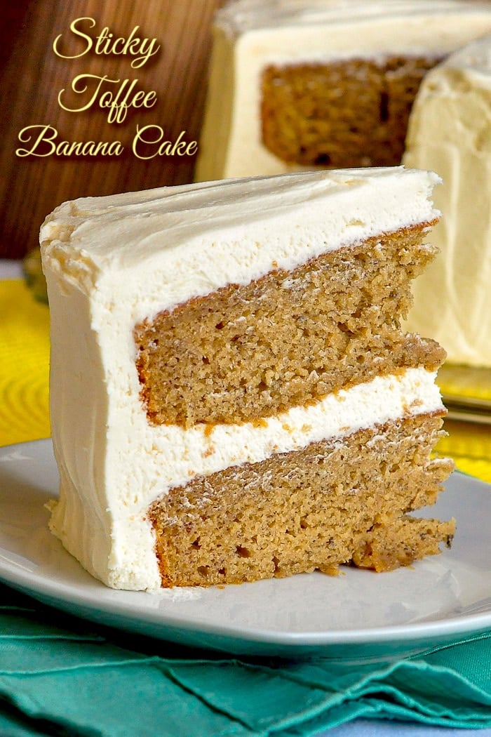 Sticky Toffee Banana Cake photo with title text added for Pinterest