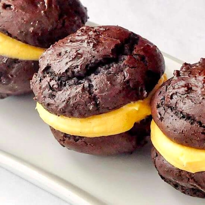 Chocolate Pumpkin Spice Whoopie Pies close up image for featured photo