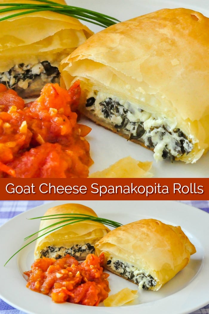 Goat Cheese Spanakopita Rolls photo collage with title text for Pinterest