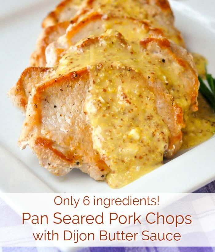 Pan Seared Pork Chops with Dijon Butter Sauce image with title text