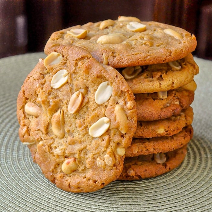 Peanut Butter Crunch Cookies photo of stack of cookies on a green placemat