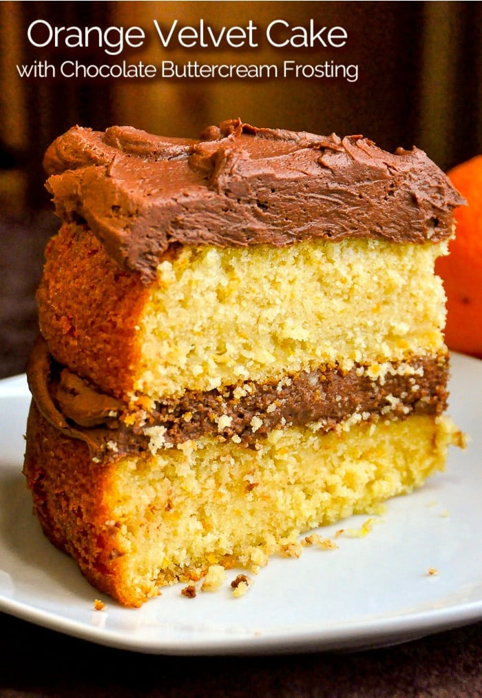 Photo of one slice of Orange Velvet Cake with title text added for Pinterest