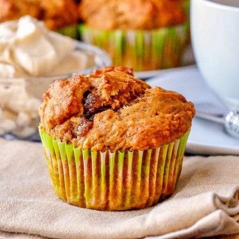 Pumpkin Spice Muffins close up of single uncut muffin