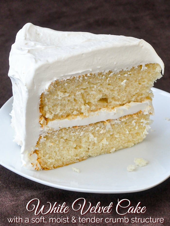 White Velvet Cake photo with title text for Pinterest