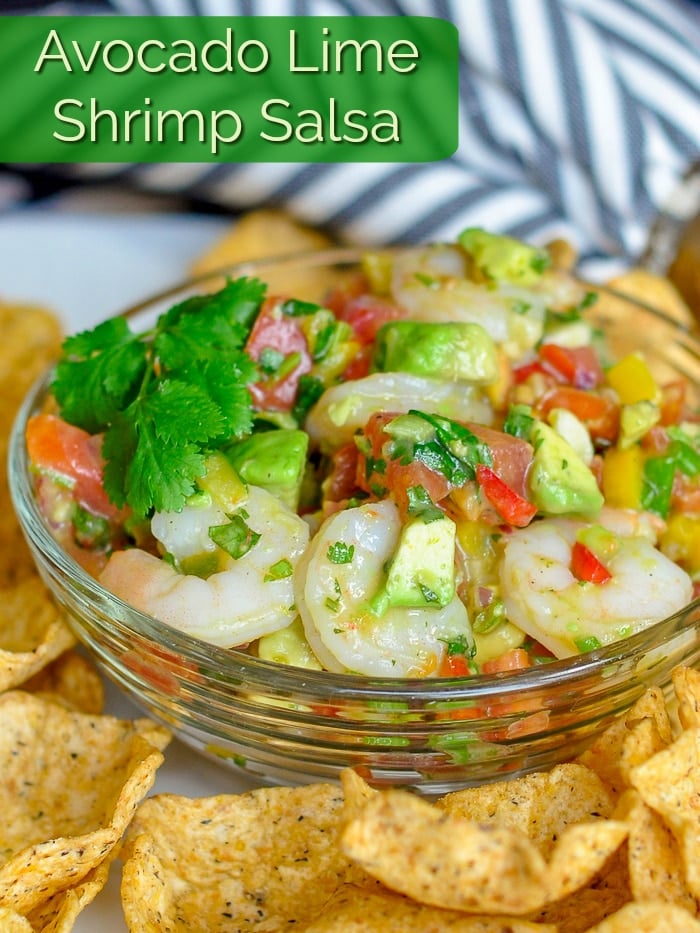 Avocado Lime Shrimp Salsa photo with title text for Pinterest