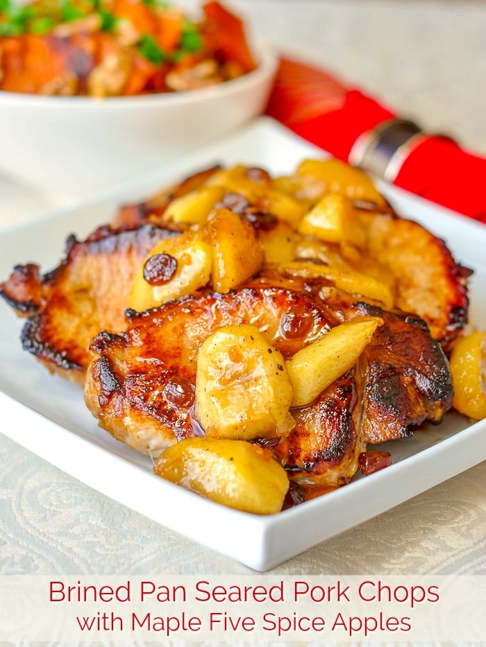 Brined Pan Seared Pork Chops with Maple Five Spice Apples photo with title text for Pinterest