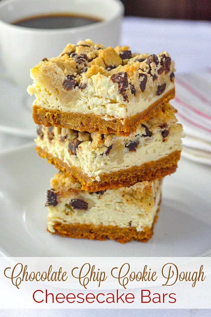 Chocolate Chip Cookie Dough Cheesecake Bars photo with title text overlay