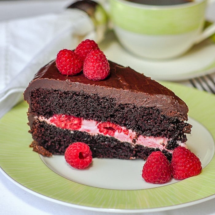 Chocolate Raspberry Truffle Cake photo of a sinle slice on a green and white tea service