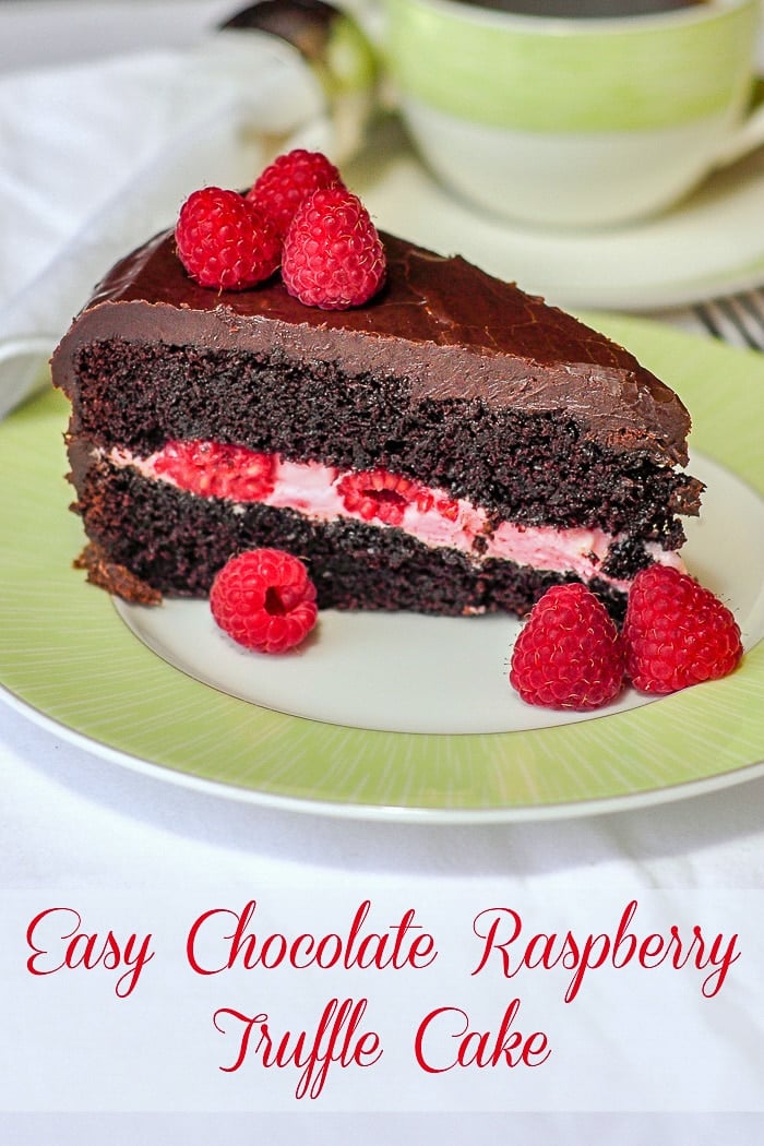 Chocolate Raspberry Truffle Cake photo with title text for Pinterest