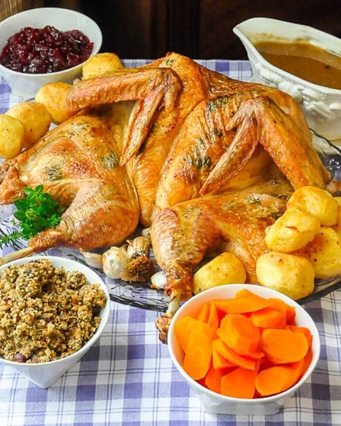 Flat Roasted Spatchcocked turkey with side dishes