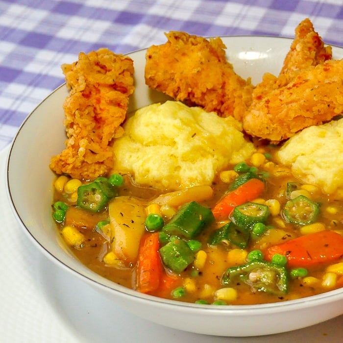 Fried Chicken Stew showing a single serving in a white bowl
