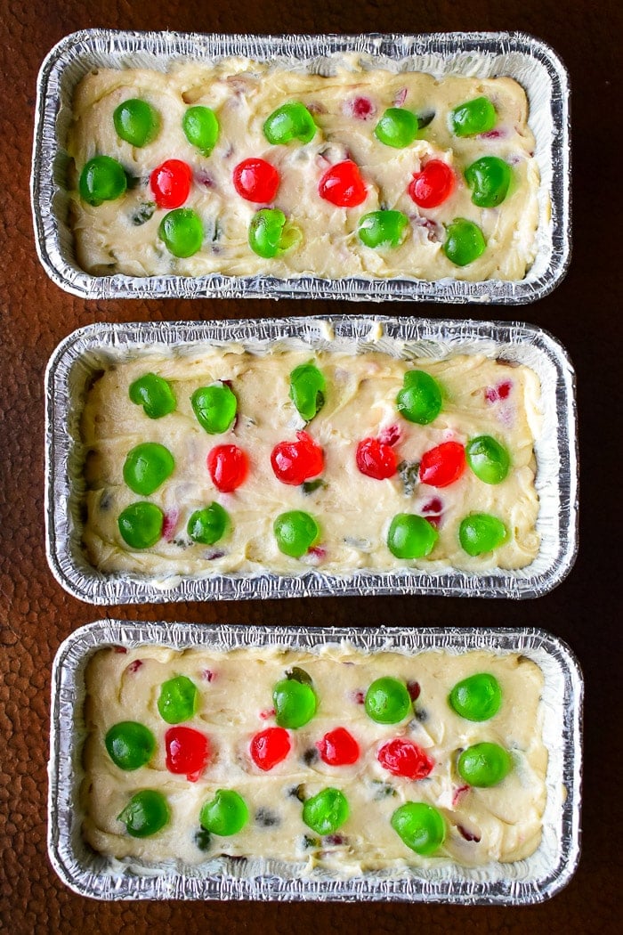 Newfoundland Cherry Cake loaves in disposable aluminum pans ready for the oven