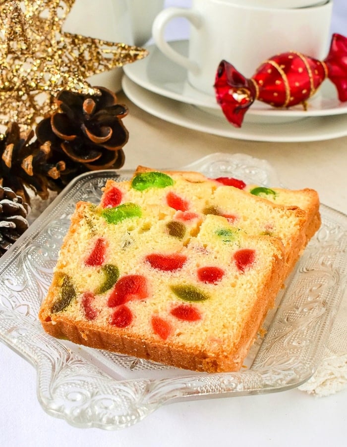 Newfoundland Cherry Cake sliced on an antique clear glass platter