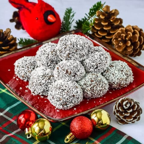 Newfoundland Snowballs stacked on a red plate