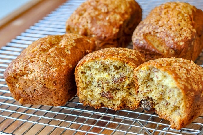 Orange Raisin Five Spice Banana Bread crinkle cakes cooling on a wire rack