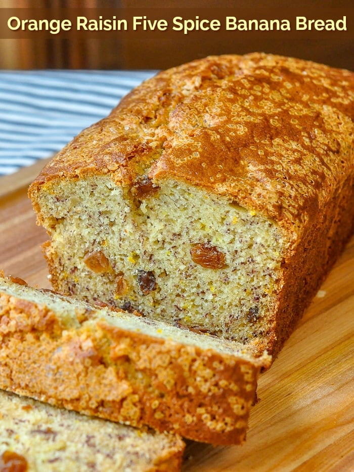 Orange Raisin Five Spice Banana Bread photo with title text for Pinterest