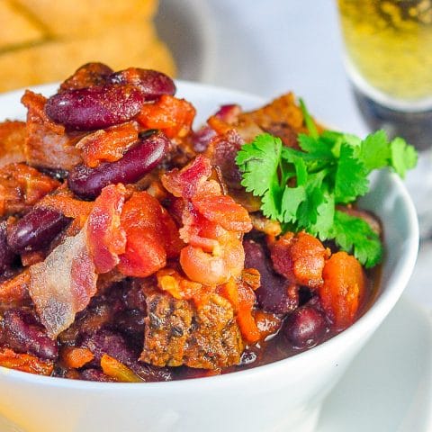 Prime Rib Beer Bacon Chili close up photo of a single serving