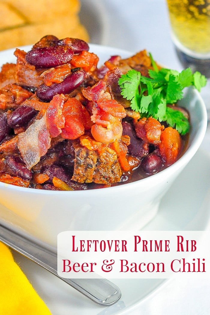 Prime Rib Beer Bacon Chili photo with title text for Pinterest