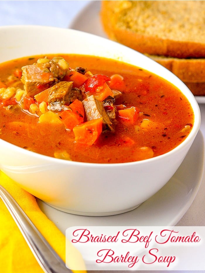 Braised Beef Tomato Barley Soup photo with title text added for Pinterest