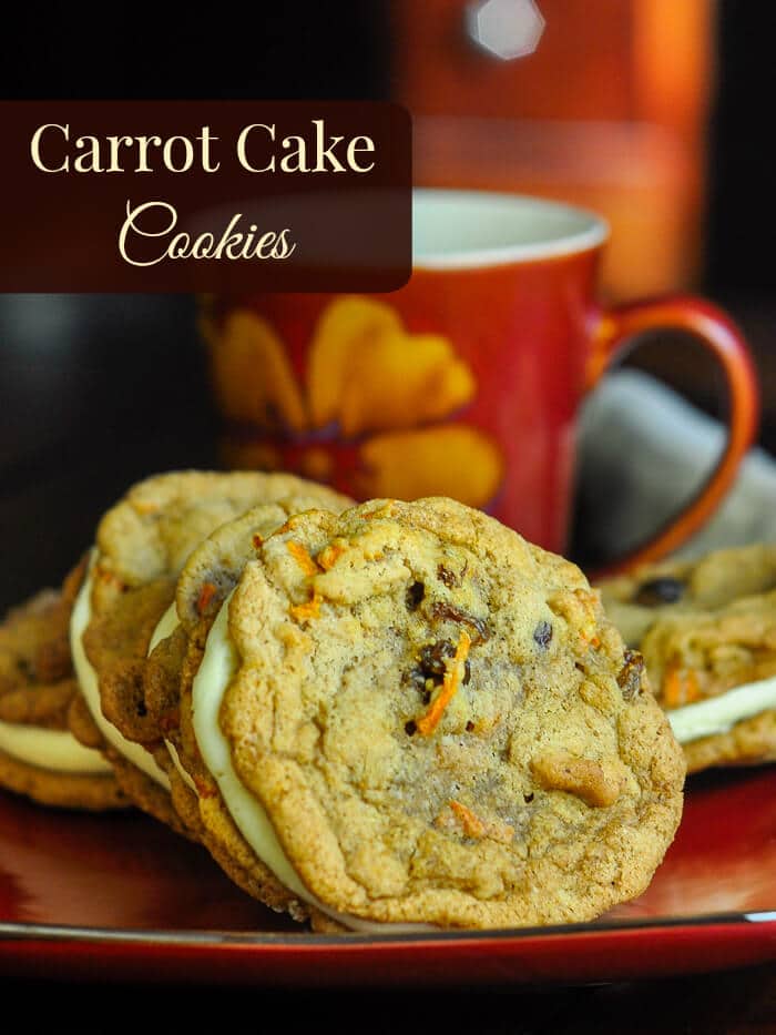 Carrot Cake Cookies, sandwiched toggedher with cream cheese frosting.