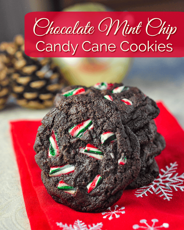 Chocolate Mint Chip Candy Cane Cookies, image with title text