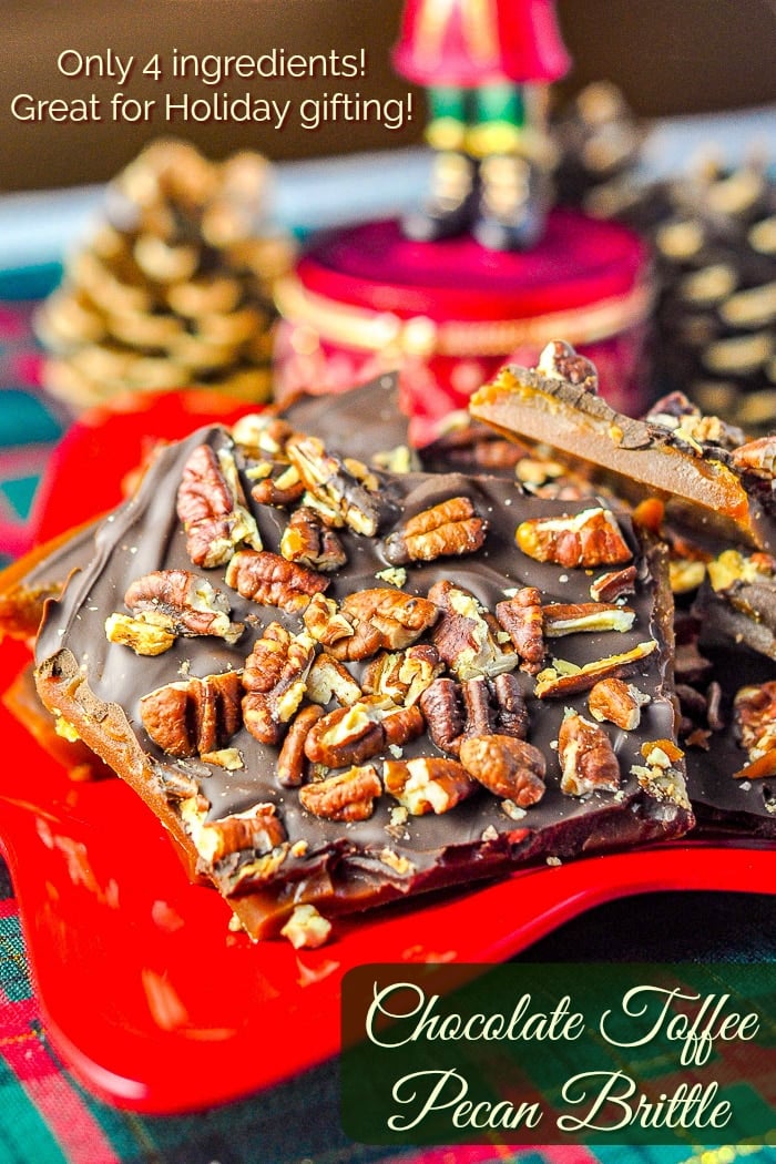 Chocolate Toffee Pecan Brittle photo with title text added for Pinterest