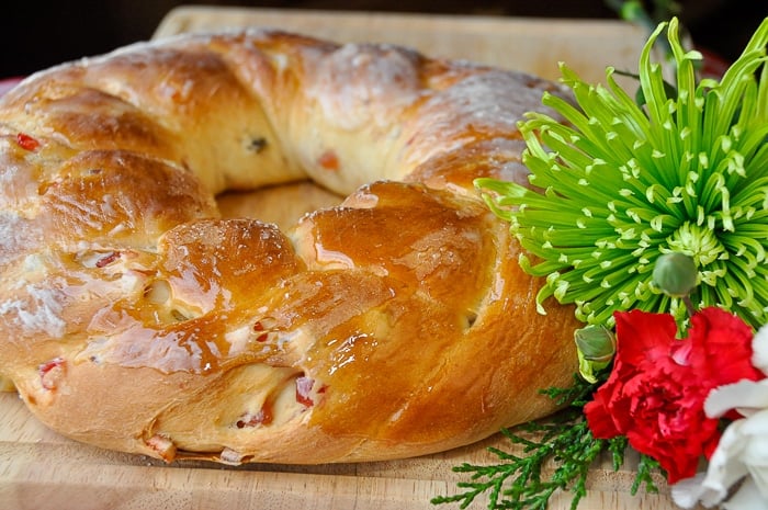Christmas Fruit Bread as a wreath centrepiece