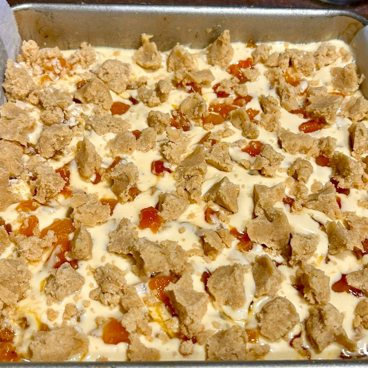 Photo of the Apricot Amaretto Cheesecake bars ready for the oven.