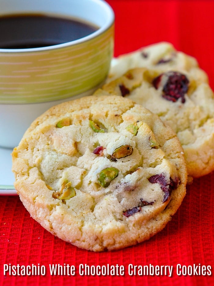 Pistachio White Chocolate Cranberry Cookies image with title text for Pinterest