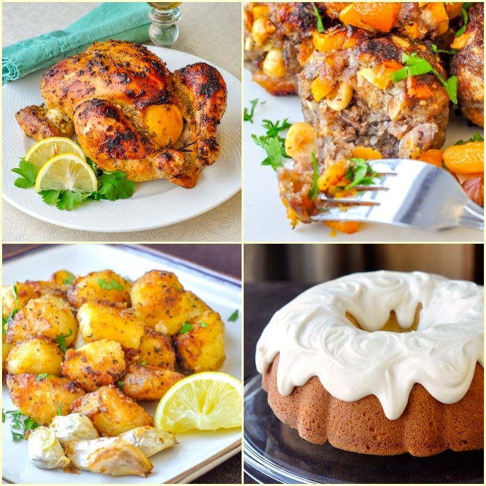 A Sunday Dinner Menu square collage of 4 recipe photos