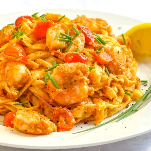 Almond Sun Dried Tomato Pesto Linguine with Shrimp