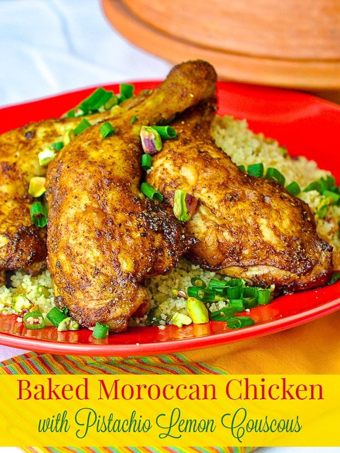 Baked Moroccan Chicken with Pistachio Lemon Couscous photo with title text for Pinterest