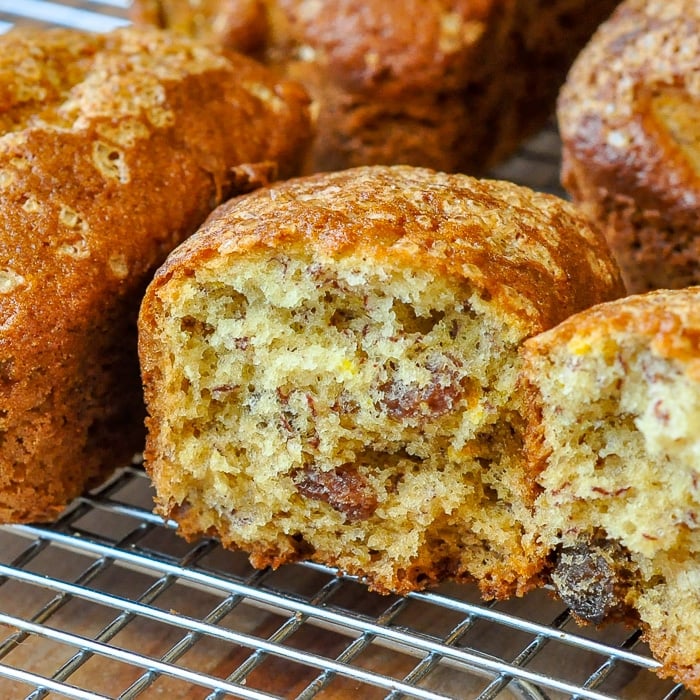 Banana Orange Cardamom Crinkle Cakes close up of a cake broken open to show inside crumb