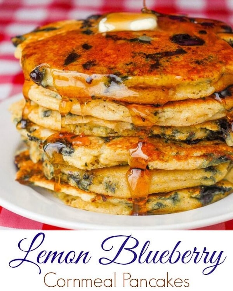 Blueberry Lemon Cornmeal Pancakes image with title text added for social media.