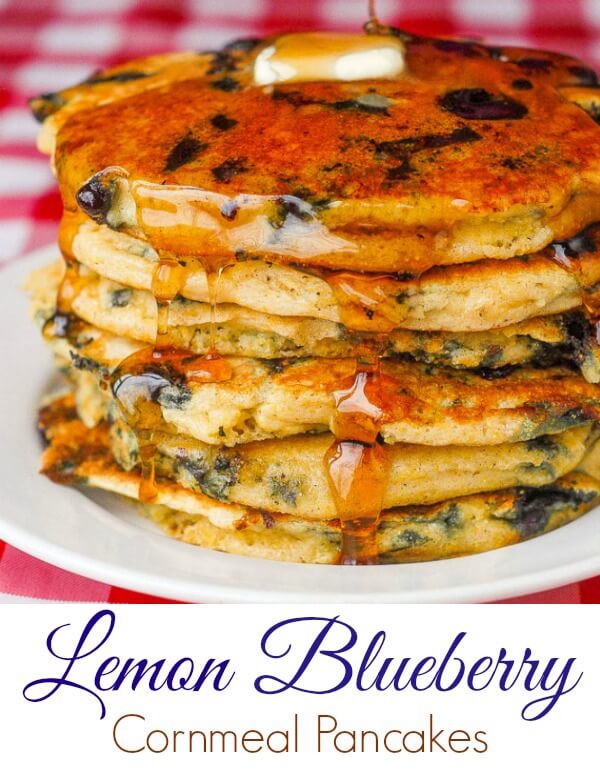 Blueberry Lemon Cornmeal Pancakes image with text