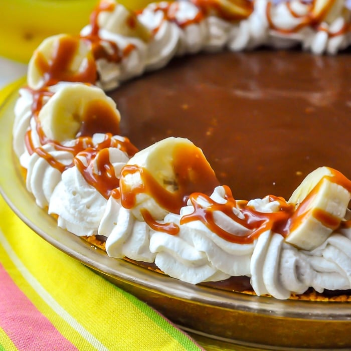 Caramel Banana Cream Pie close up of uncut pie