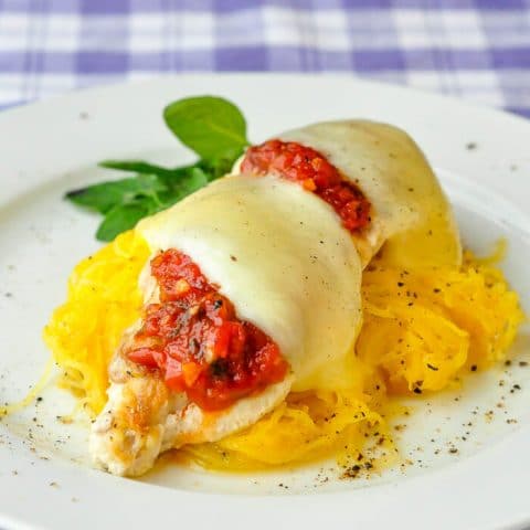 Chicken Mozzarella with Roasted Spaghetti Squash . Low fat, low carb and gluten free!