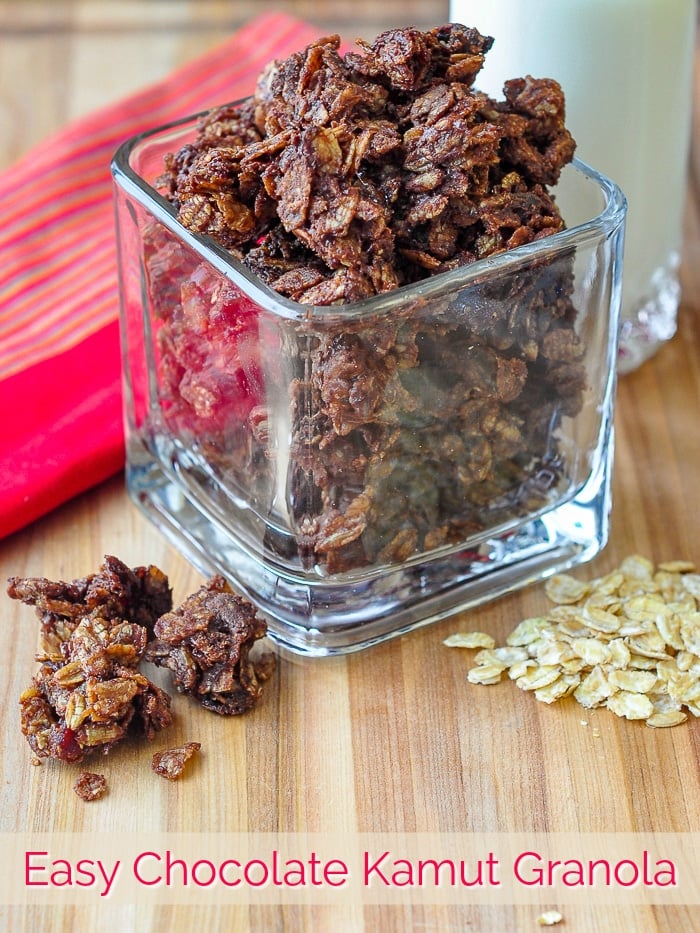 Chocolate Kamut Granola with title text added for Pinterest