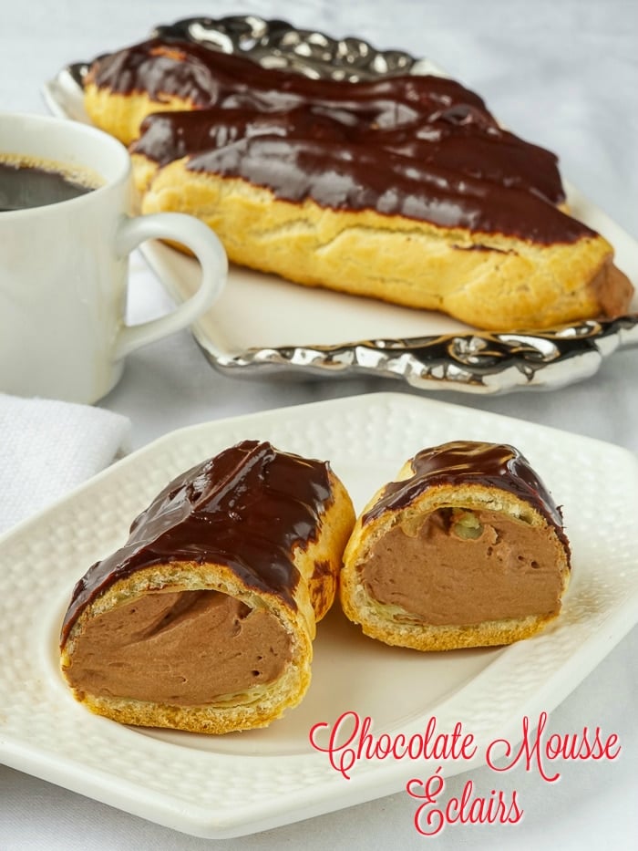 Chocolate Mousse Eclairs photo with title text added for Pinterest