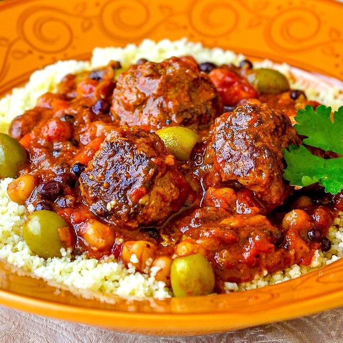 Close up photo of one serving of Moroccan Meatball Stew