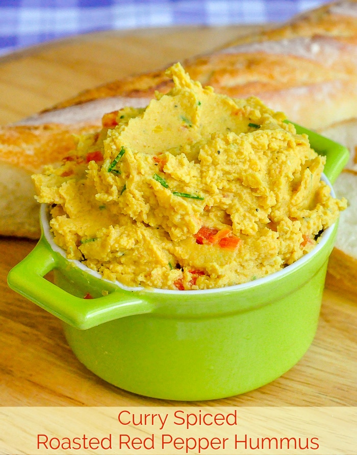 Curry Spiced Roasted Red Pepper Hummus photo with title text for Pinterest