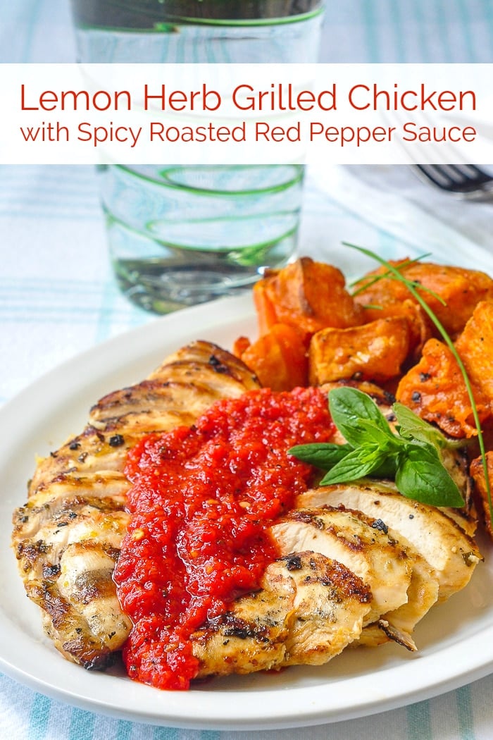 Lemon Herb Grilled Chicken with Spicy Roasted Red Pepper Sauce image with title text for Pinterest