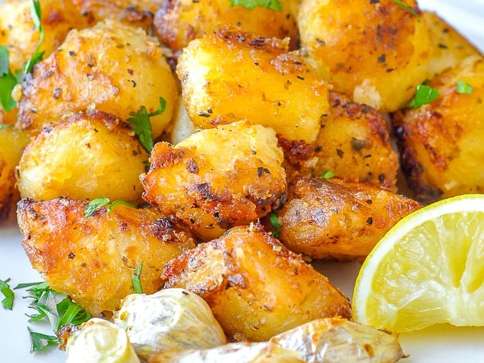 Lemon Herb Roasted Potatoes close up photo of very crispy potatoes